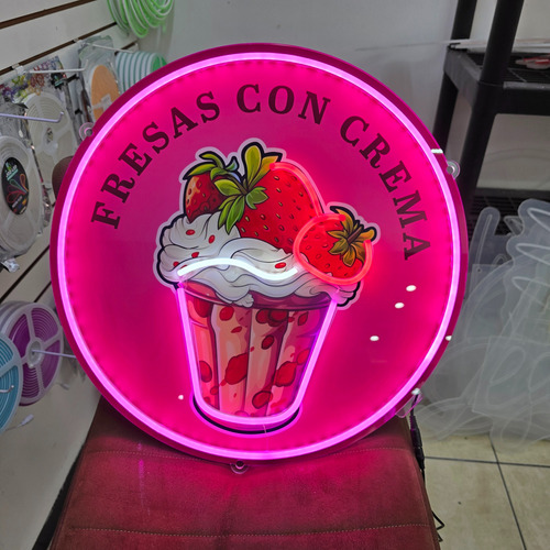 Letrero Luminoso Fresas Con Crema Imagen Uv Neon Led 50x50