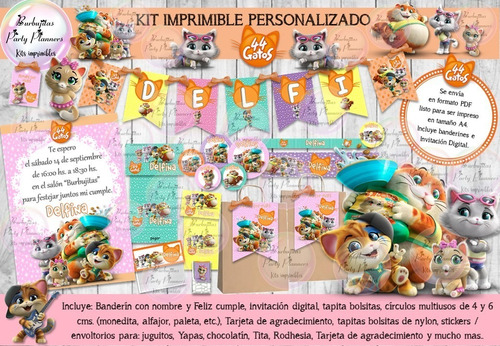 Kit Imprimible Candy Bar 44 Gatos Rosa Personalizado