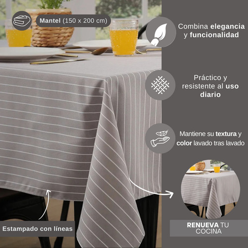 Mantel De Mesa Cocina Rectangular 150x200cm Antimanchas Lines Visón Medio Estampado