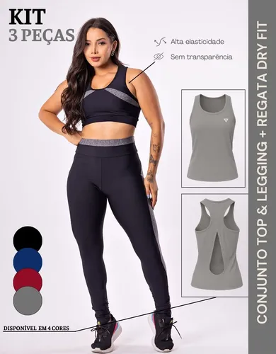 Mulher usando conjunto fitness preto com top e legging, com detalhes cinza, e duas regatas cinza ao lado.