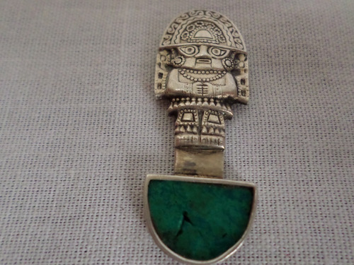 M8 Antiguo Adorno Totem Tupo Plata 925 Con Piedra Verde