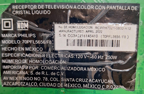 Main Philips 70pfl5656/f8 40-ms22e1-maa2hg (Usado)