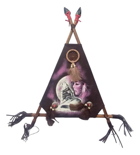 Tepee Con Atrapasueño Con India Y Lobo Pintado A Mano 24x45