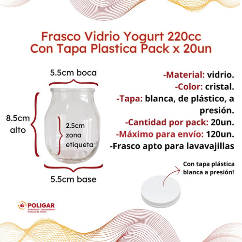 Frasco De Vidrio Yogurt 220cc Con Tapa Plastica Pack X 20un Cristal