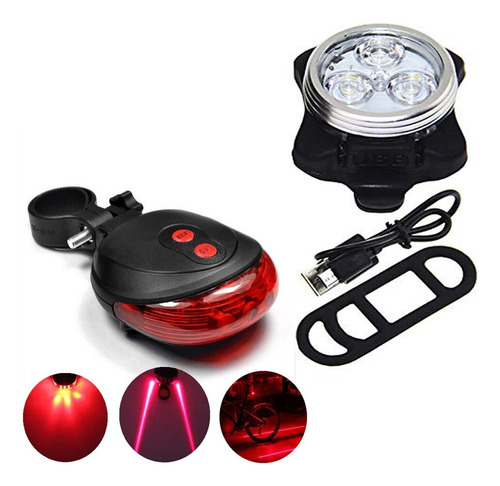 Usb Rechargeable Bicycle Front Light + Warning Tail Light