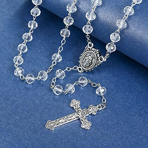 Rosario Católico Con Cuentas De Cristal Transparente, Collar