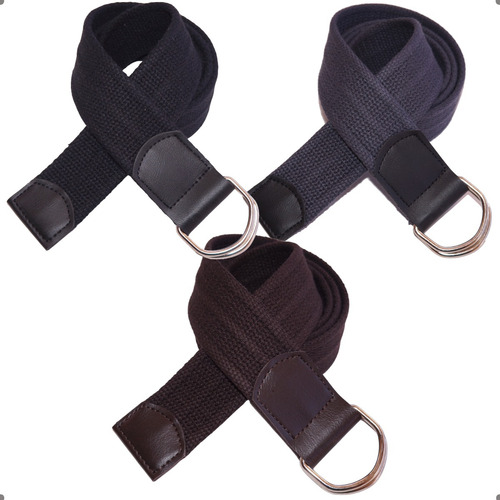 Kit 3 Cintos Masculino Lona 3 Bordas 4cm C/ Argolas L47 Full Cor Preto, Cinza, Cafê. Tamanho Calça 48 (comprimento 130cm)