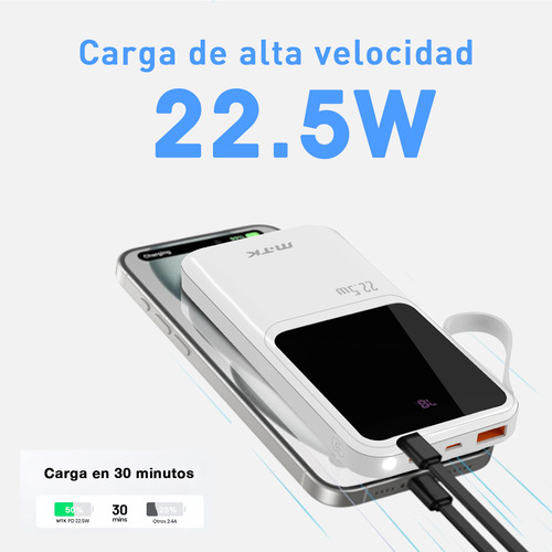 Mtk Power Bank Batería Portátil Cargador Td2148 12000mah Con Built In 2 Cables Lightning Tipo C Con Pantalla Digital Accesorios Para iPhone Samsung Xiaomi Etc Color Blanco