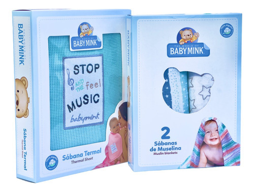 Sabanas De Muselina + Sabana Termal Baby Mink Kit Para Bebe Color Verde Music + Azul