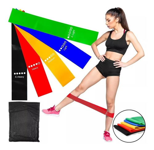 Kit 5 Bandas Elásticas Resistente Fitness Ejercicio + Bolsa