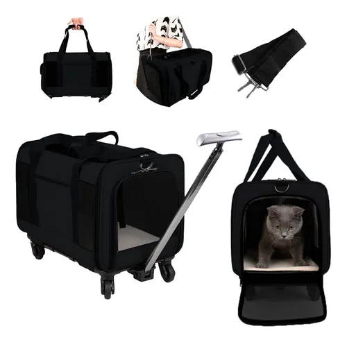 Transportadora Maleta Carrito Con Llantas Mascotas De Viaje Color Negra ...
