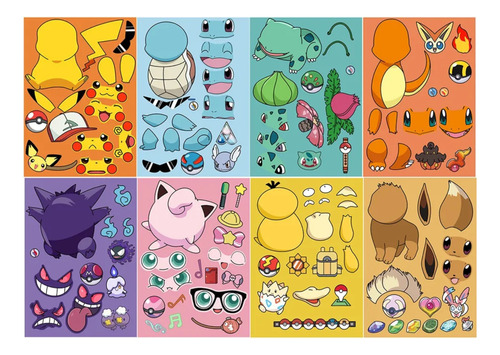 Pack De 8 Hojas Sticker Pegatinas Pokemon Armables 