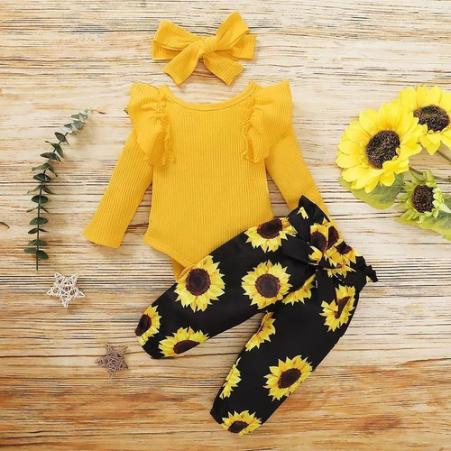 Conjunto Ropa Niñas Bebe Pantalon Body Girasol Con Vincha 