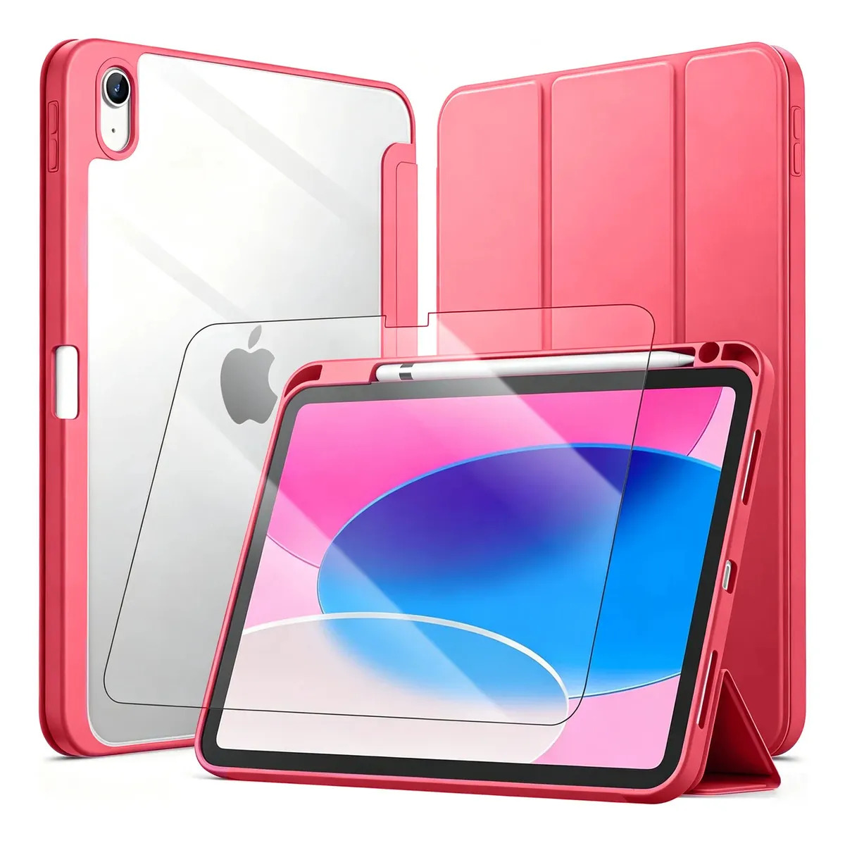 Capa Para iPad 11a Geração A16 A3354 A3355 A3356 Suporte para Apple Pencil Sono Automático e Vidro Temperado - Vermelho