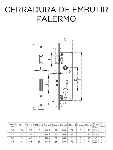 Cerradura Cisa Embutir Palermo 20mm + Manilla Visalock 2552