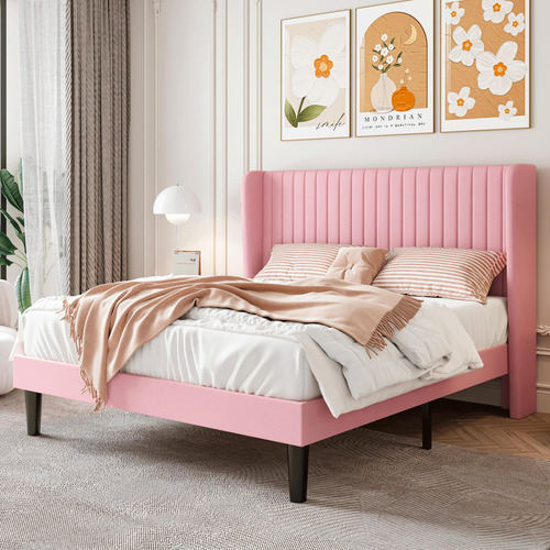 Base De Cama De Terciopelo Queen Con Cabecera Capitoné Rosa