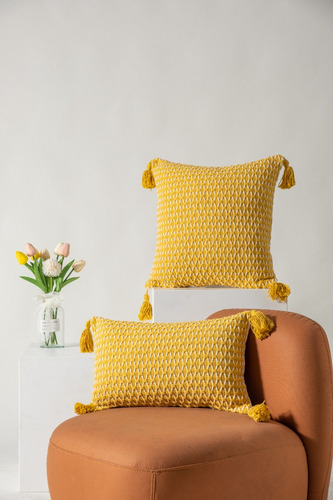 Funda Decorativa De Cojin Estilo Croche Con Borla Amarillo