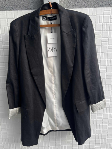 Blazer Zara Negro Lino Oversize Talle Xs