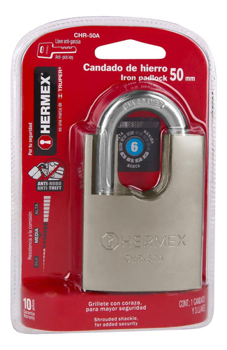 Candado Con Gancho Cuerpo Hierro Anti Ganzua 50mm Hermex