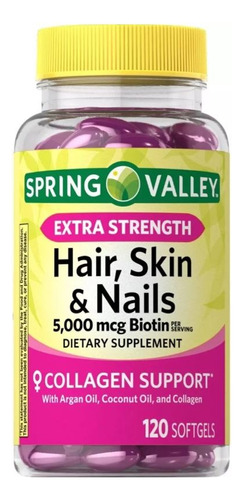 Hair Skin Nails 120 Softgels + 5,000 Mcg Biotin + Colágeno!! Sabor Neutro