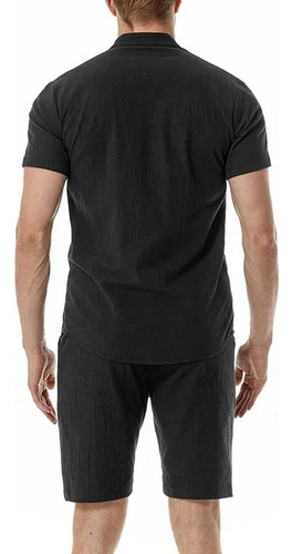 Conjunto Lino Camisa Cuello Mao Manga Corta + Bermuda Hombre