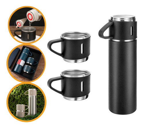 Kit Garrafa Térmica Camping 500ml + 3 Xícara Caneca Café Cor Preto