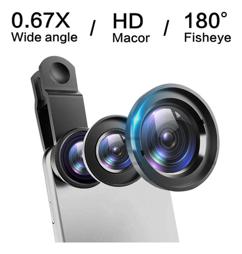 3 En 1 Lente De Ojo De Pez 0.67x Lente Gran Angular Plata