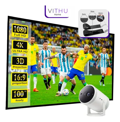 Tela Projeção Com Velcro Marca Vithu 150 Polegadas 2,5m X 1,5m Area Interna E Externa Full Hd Compativel Com Todos Projetores Imagem Nitida Lona Dobrável Grande Cinema