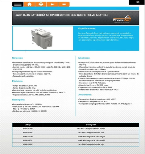 Jack Rj45 Keyston Blanco Cat 5e Condunet 8699125arj