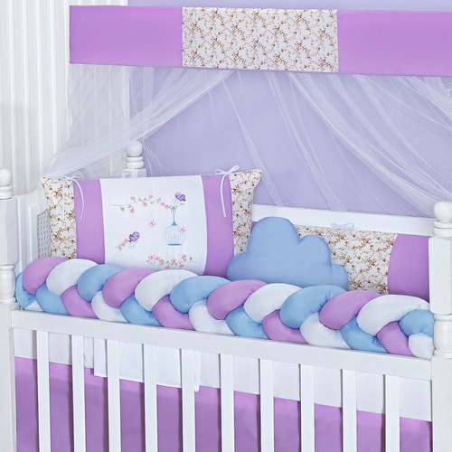 Kit Berço Trançado Ursa Menina Rosa 11 Peças Com Saia Cor Lilás