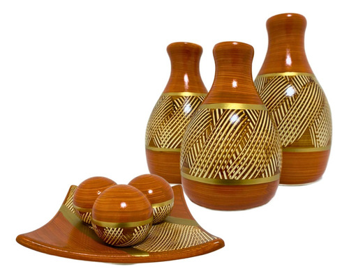 Jogo Ceramica Decorativo Centro Mesa Sala Enfeite Conjunto Cor Leticia Caramelo Dourado