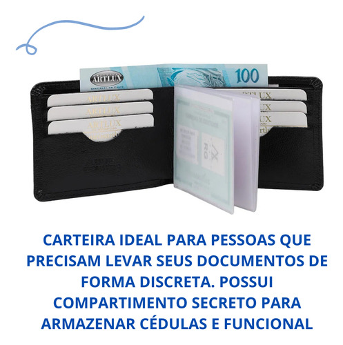 Carteira Masculina Em Couro Premium Preta Com Esconderijo Cor Preto
