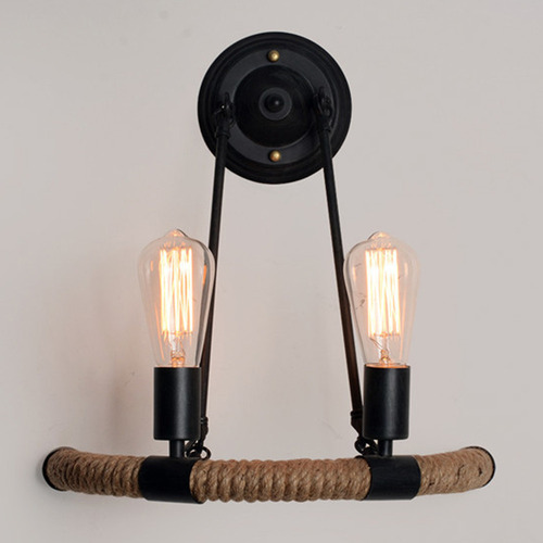 Lámpara De Pared Vintage De Cuerda Negra Con 2 Lámparas