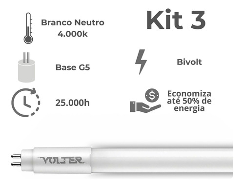 Kit 3 Lâmpada Led Tubular Volter 18w T5 115cm G5 127/220V Branco Neutro 4000k 2000lm