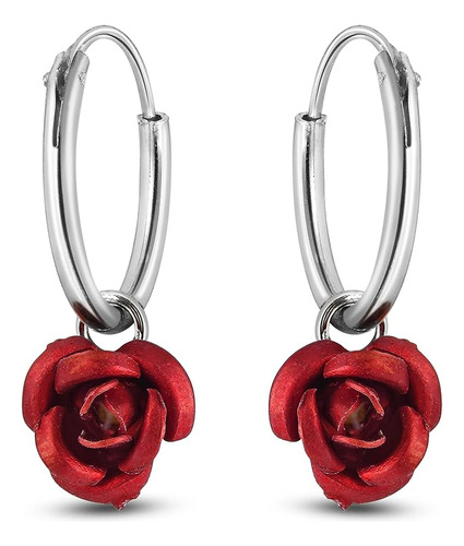 Inspired Elegantes Aretes Aro Plata 925 Con Diseño Rosas Roj