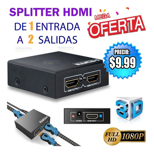 Imagen 2 de 2 de Splitter Hdmi 2 Puertos 3d Multiplicador 1x2 1080p