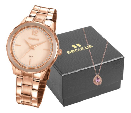 Relógio Seculus Feminino Kit Rose Gold 20894lpsvrs3k1