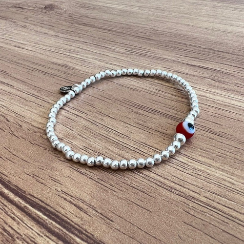 Imagen 4 de 9 de Pulsera Bolitas De Plata 925 Y Ojo Turco Amuleto Agálea