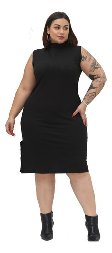 Vestido Midi Tubinho Canelado P Ao Plus Size Gola Alta Fenda