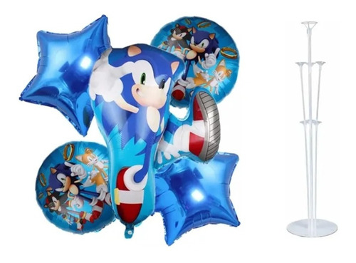 Set De 5 Globos Metálicos Sonic + Soporte Globos 90 Cm