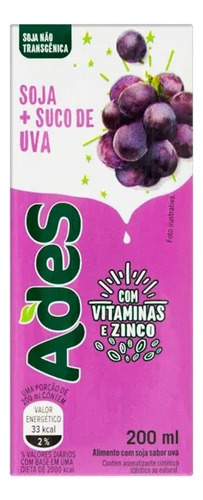 Bebida De Soja Sabor Uva Ades 200ml Kit C/20