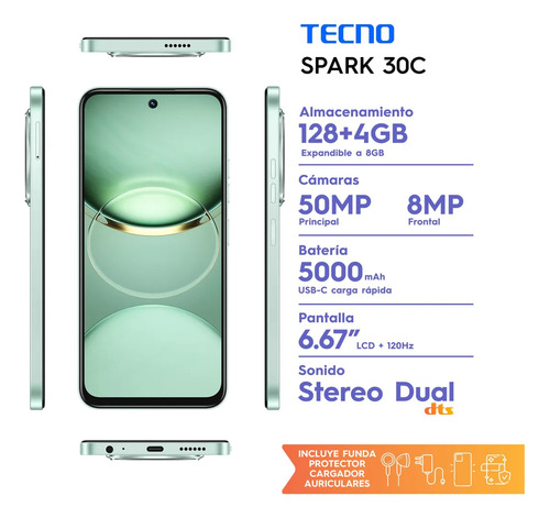 Tecno Spark 30c 128 + 4gb Magic Skin Green Verde Claro