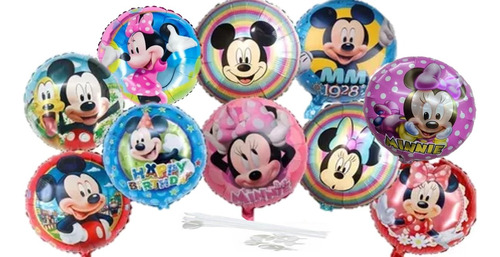 10 Balão Mickey Mouse E Minnie Mouse 45cm Com  Varetas 30 Cm