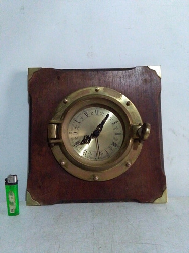 Antiguo Reloj Ojo De Buey 21 Cm De Bronce Y Madera Náutico 