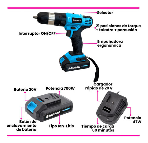 Taladro Atornillador Percutor A Batería Gamma 13mm G12402/1