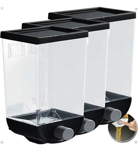 Kit 3 Dispenser Multiuso Com Botão 1l P/ Grãos Cereais Ração Cor Preto