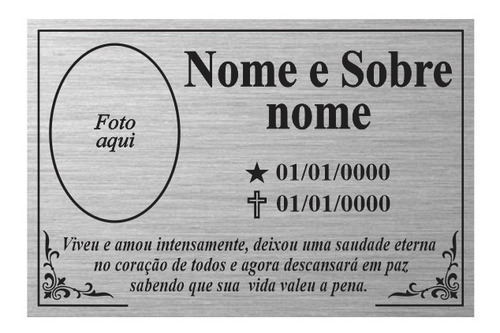 Placa Túmulo / Lápide Em Acm Prata Gravação Colorida 10x20cm