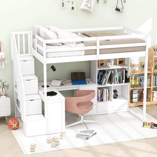 Cama Tipo Loft Individual Con Escritorio Y Escaleras L Blanco Nombre Del Diseño