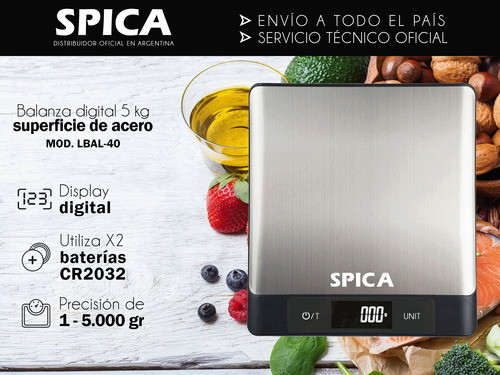Balanza De Cocina Digital Spica Lbal-40 De 1gr Hasta 5kilos Negro 5 Kg