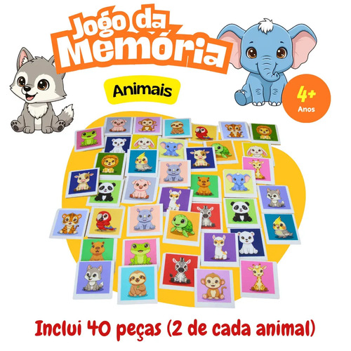 Jogo Da Memória Animais 40 Peças Brinquedo Educativo Infantil Em Madeira Mdf